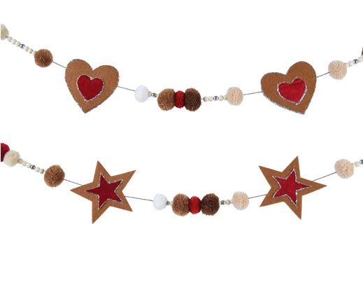 Christmas garland with pompoms hearts stars and wooden beads