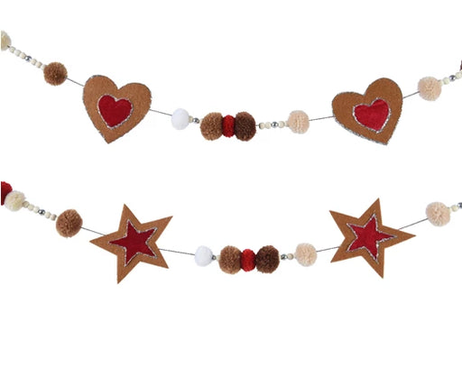Christmas garland with pompoms hearts stars and wooden beads