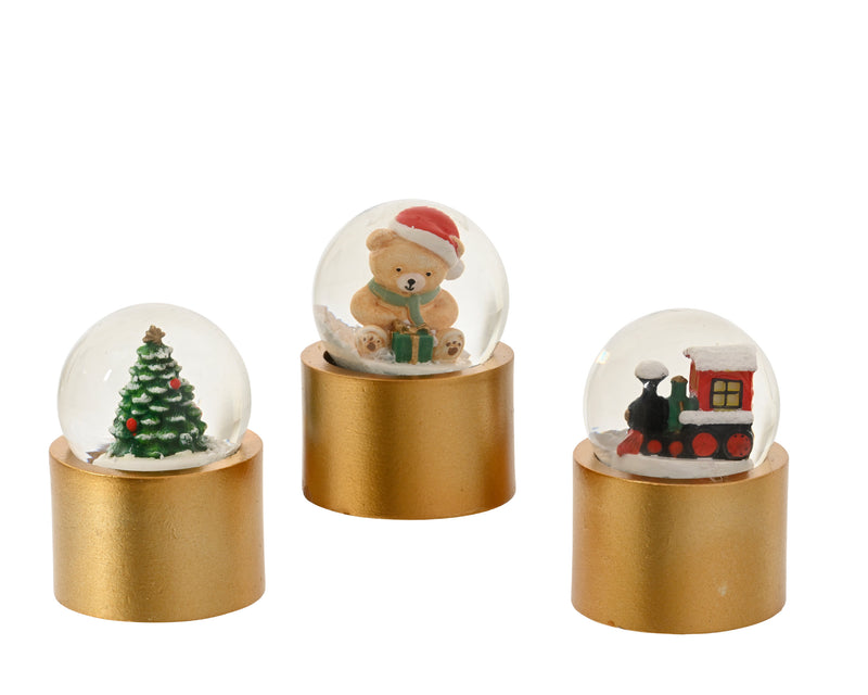 Snow Globe 6 cm Gold Polyresin Bear Train Tree – 3 Assorted Designs