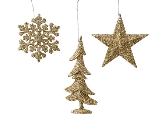 Christmas Hanging Decoration Assortment - Tree, Star, Snowflake Gold (L.0.8cm x W.10.5cm x H.10.5cm)