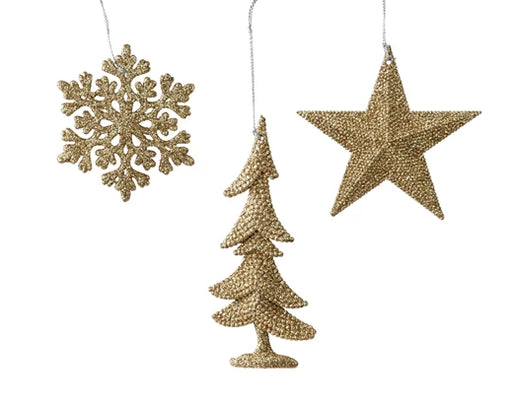 Christmas Hanging Decoration Assortment - Tree, Star, Snowflake Gold (L.0.8cm x W.10.5cm x H.10.5cm)