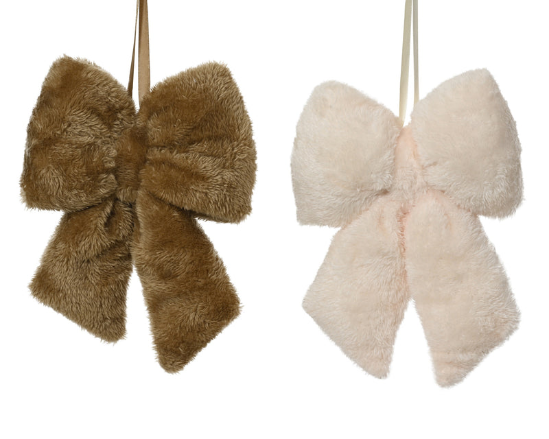 Fur Bow Ornament 14 cm with Satin Ribbon Hanger, Brown/Ivory – 2 Assorted Colours