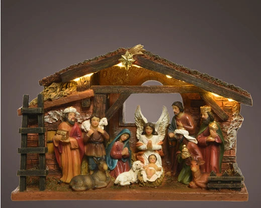 Christmas Nativity Crib With LED Lights With 10 Figurines (24.3 x 7.7 x 15cm)