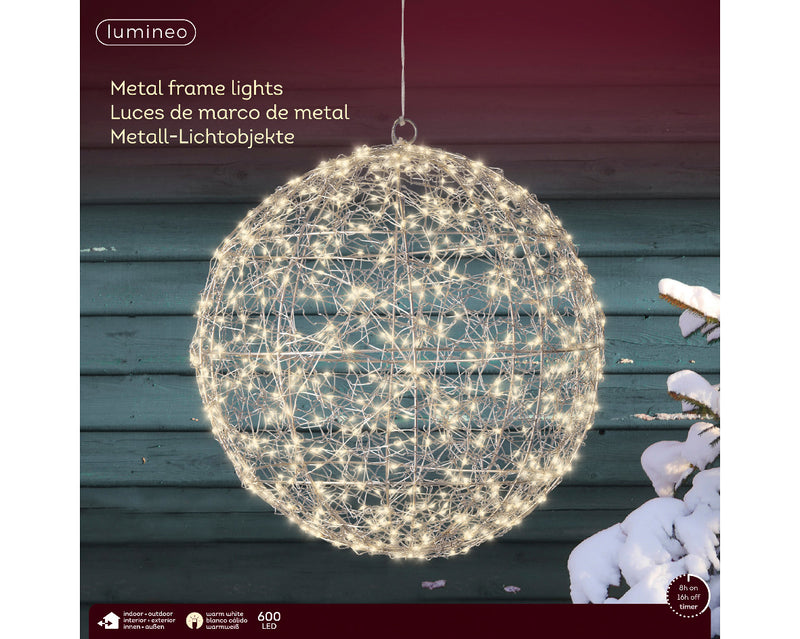 Lumineo Metal Frame Ball With 600 Warm White Micro Lights 38cm Diameter