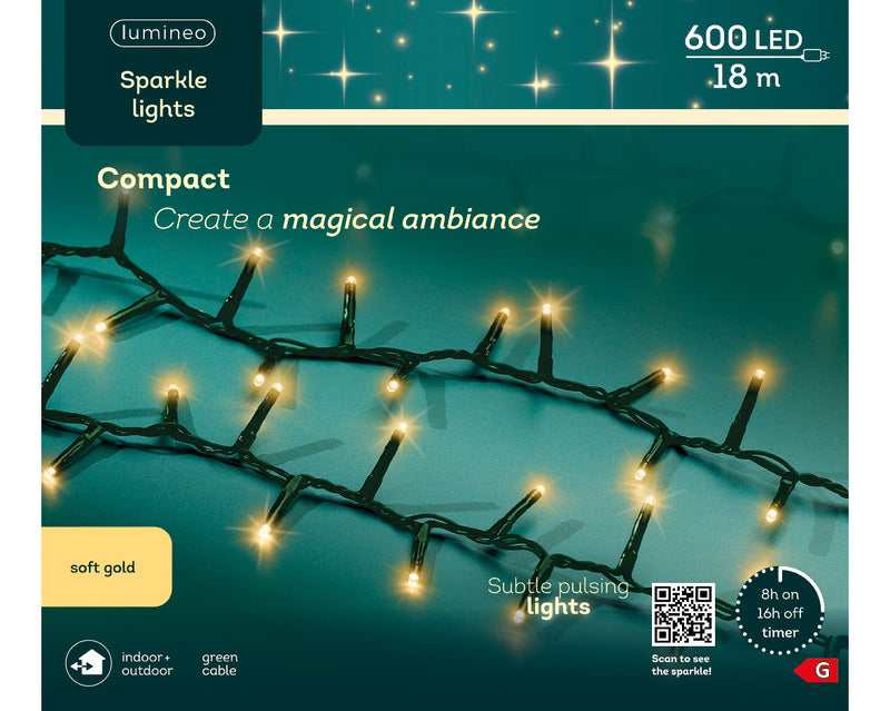 600 Lumineo Compact Sparkle Soft Gold Christmas Lights With Green Cable 18m