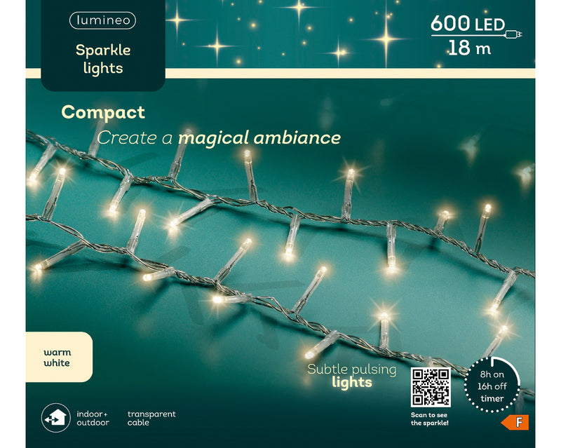 600 Lumineo Compact Sparkle Warm White Christmas Lights With Transparent Cable 18m