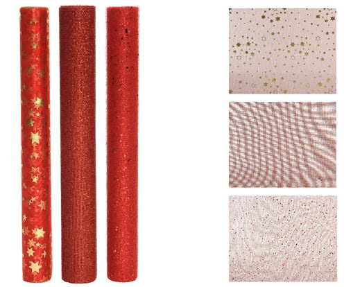 Deco Fabric Red 200 × 35 cm Organza and Mesh with Glitter and Foil Stars – 3 Assorted Designs