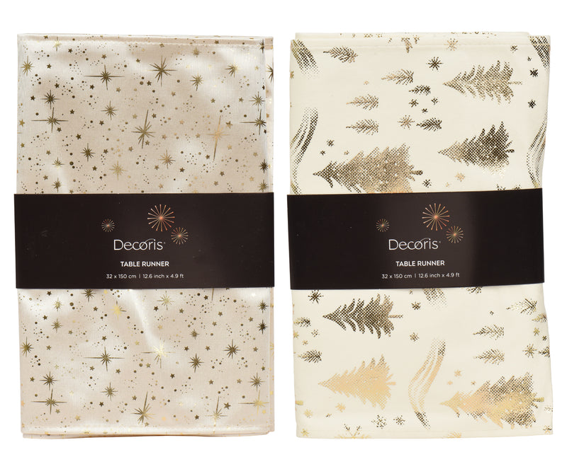 Table Runner White 32 × 150 cm with Gold Foil Stars/Trees – 2 Assorted Designs