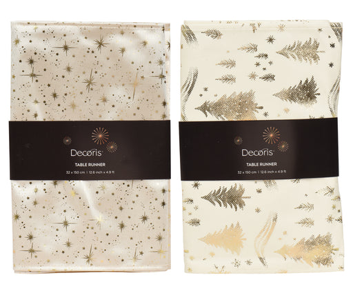 Table Runner White 32 × 150 cm with Gold Foil Stars/Trees – 2 Assorted Designs