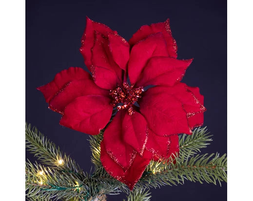 Poinsettia Flower Clip Red 24 cm with Glitter Edges
