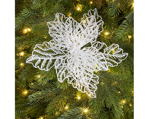 Christmas Poinsettia White Decoration With Glitter On Clip 23cm