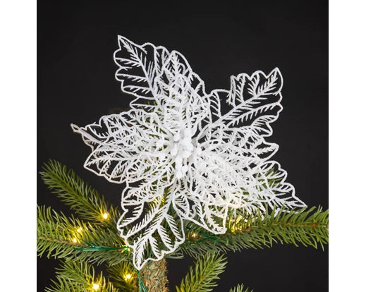 Christmas Poinsettia White Decoration With Glitter On Clip 23cm