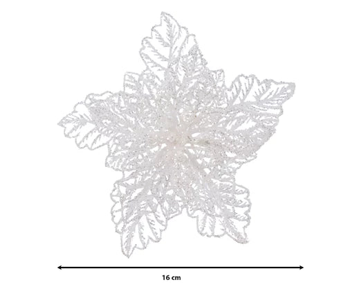 Christmas Poinsettia White Decoration With Glitter On Clip 23cm