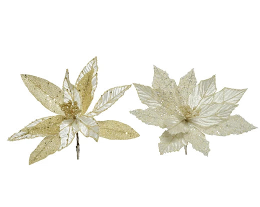 Christmas Flower with Clip Ivory/Gold 28 cm – 2 Assorted Designs