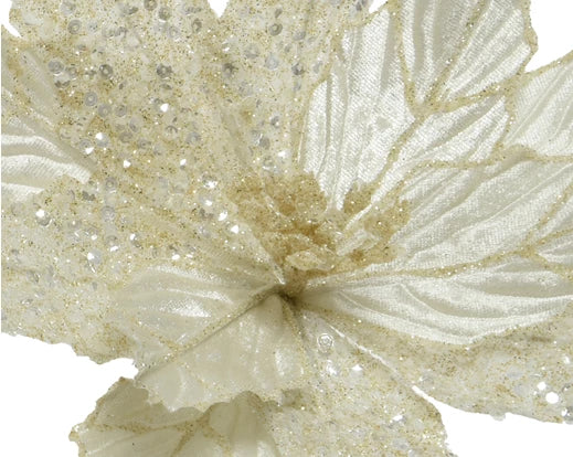 Christmas Flower with Clip Ivory/Gold 28 cm – 2 Assorted Designs