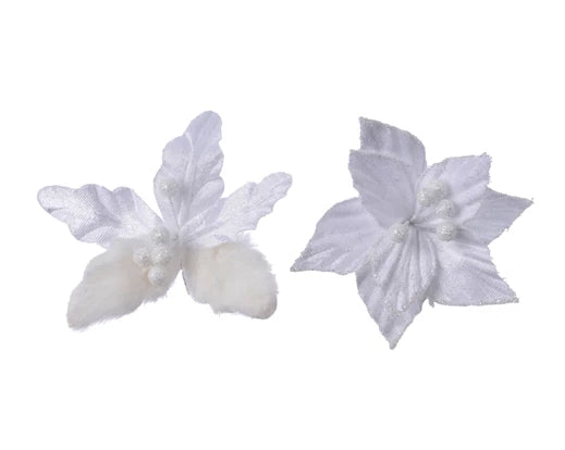 Christmas Poinsettia White Velvet & Faux Fur On Clip 12cm