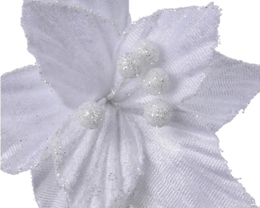 Christmas Poinsettia White Velvet & Faux Fur On Clip 12cm