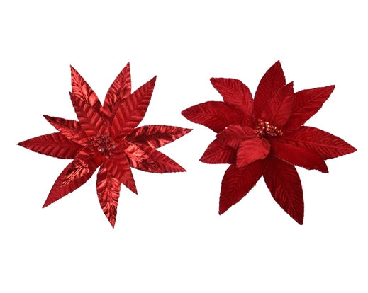 Christmas Poinsettia Red Velvet Or Metallic With Clip 30cm (Sold Individually)