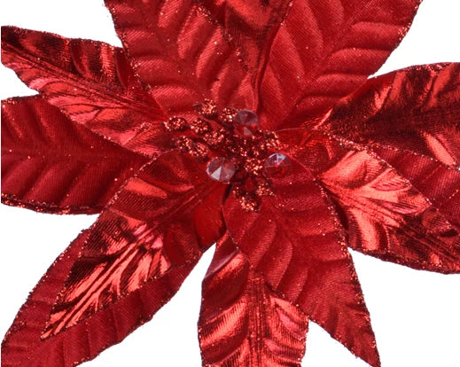 Christmas Poinsettia Red Velvet Or Metallic With Clip 30cm (Sold Individually)
