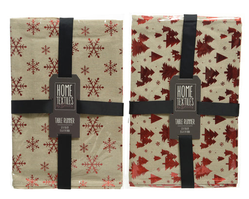 Table Runner 32 × 150 cm Red Foil Snowflake/Tree Polyester Cotton – 2 Assorted Designs