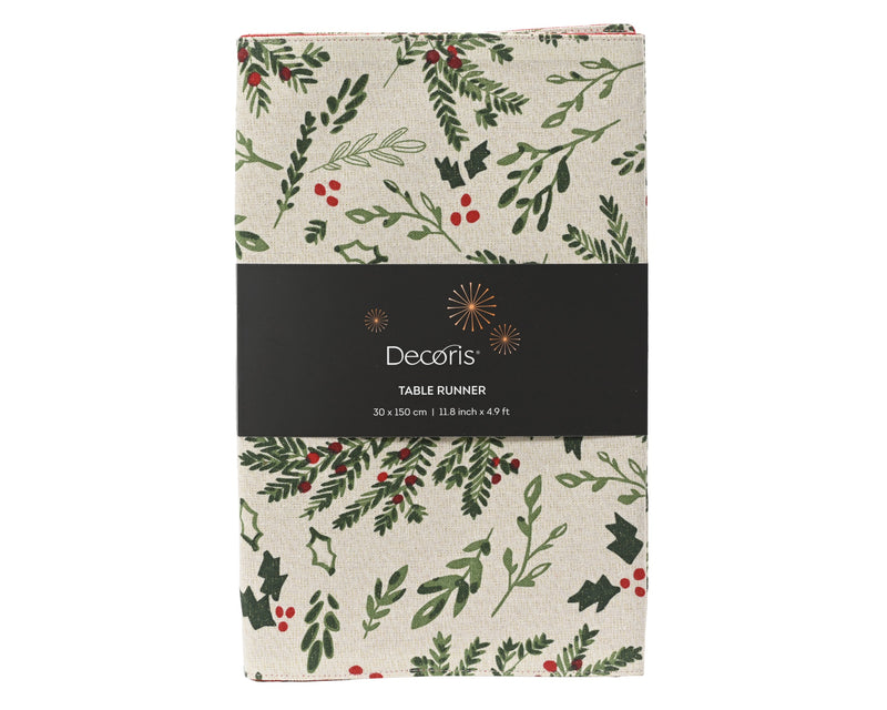 Table Runner 30 × 150 cm Cotton Blend with Mistletoe and Holly Design