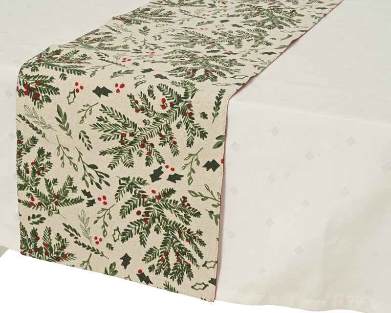Table Runner 30 × 150 cm Cotton Blend with Mistletoe and Holly Design