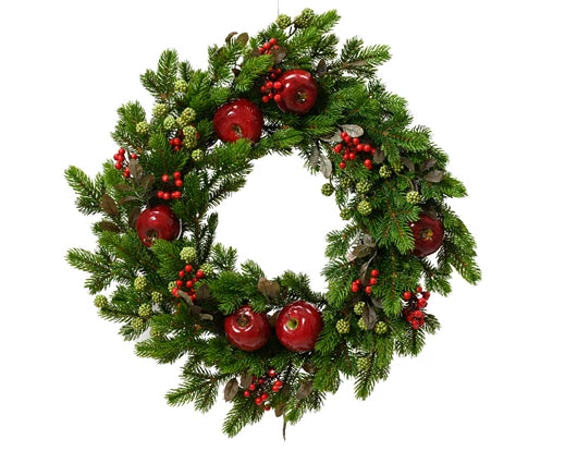 24 Inch Christmas Pine Needle Wreath With Red Apples and Berries (12 x 60cm)