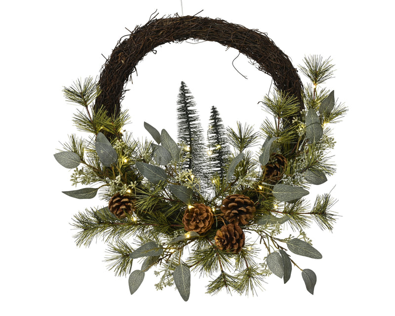 Brush wreath with cones and 30 LED Warm White Lights BO