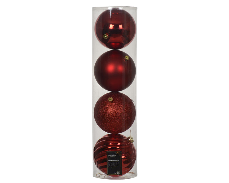 4 Pack Shatterproof Baubles Set with Shiny, Matt, Glitter Mix Red 14cm
