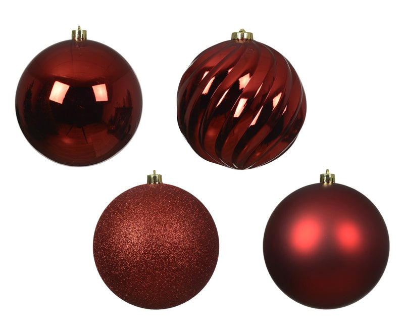4 Pack Shatterproof Baubles Set with Shiny, Matt, Glitter Mix Red 14cm