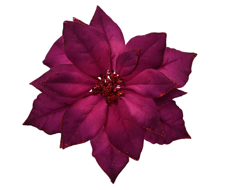 Poinsettia Flower on Clip 24 cm Dark Rose with Glitter