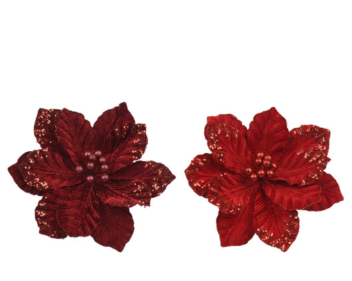 Velvet Glitter Flower on Clip 35 cm – Burgundy/Red