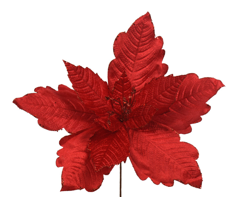 Poinsettia Flower Stem 15 cm Red Velvet with Glitter