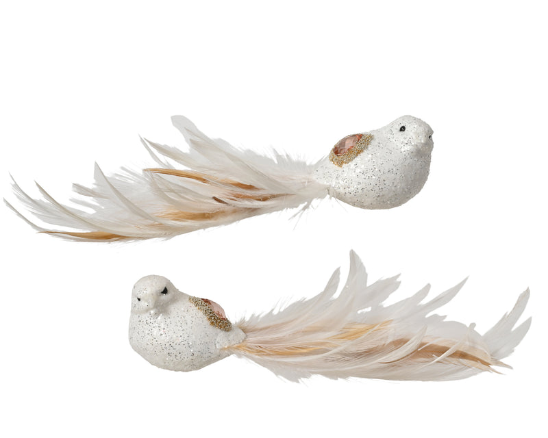 Bird Clip Decoration 22 cm White Glitter with Feather Tail – 2 Assorted Designs