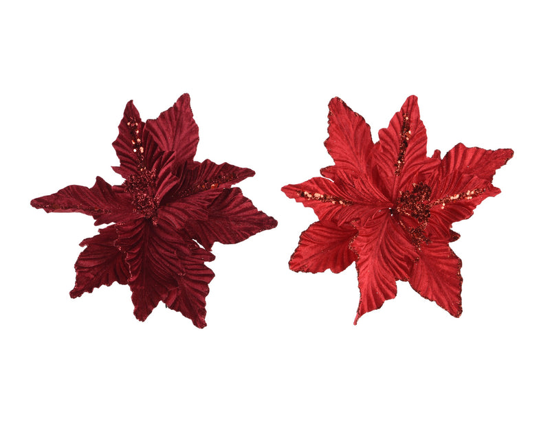 Poinsettia Flower on Clip 24 cm Glitter Finish Assorted Red
