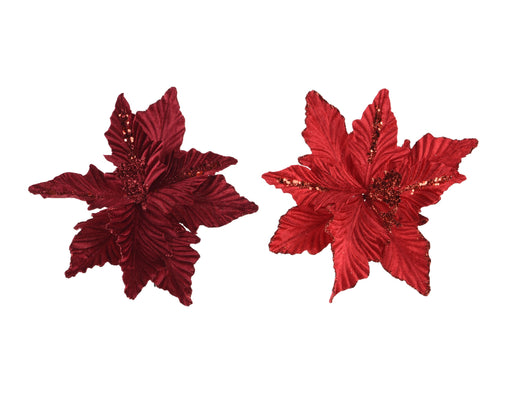 Poinsettia Flower on Clip 24 cm Glitter Finish Assorted Red