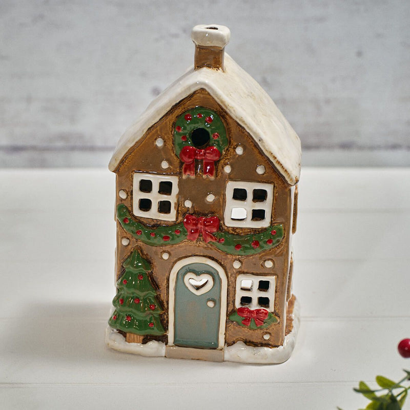 Stoneware House with Wreath & Bows Candle Holder