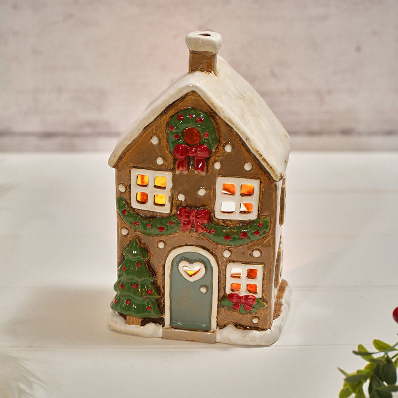 Stoneware House with Wreath & Bows Candle Holder