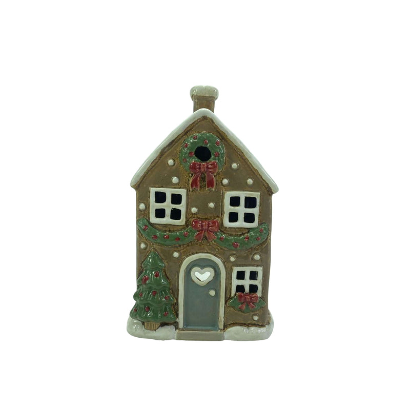 Stoneware House with Wreath & Bows Candle Holder
