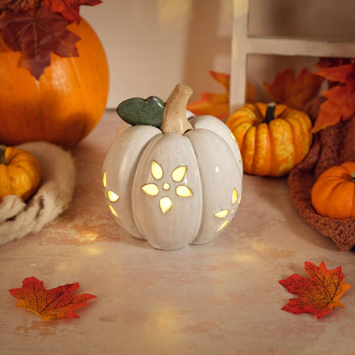 White pumpkin LED ornament with cut-out flower detail – Richard Lang