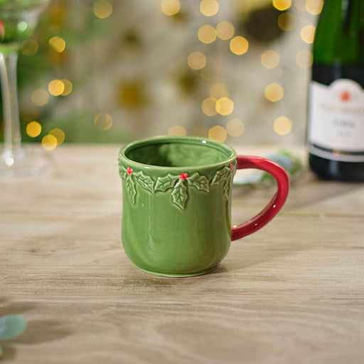 Embossed Christmas Holly Stoneware Mug