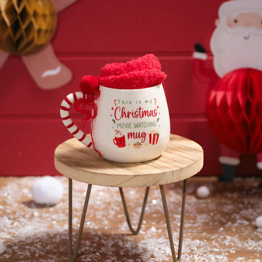 Christmas Mug with Striped Handle & Pom-Pom