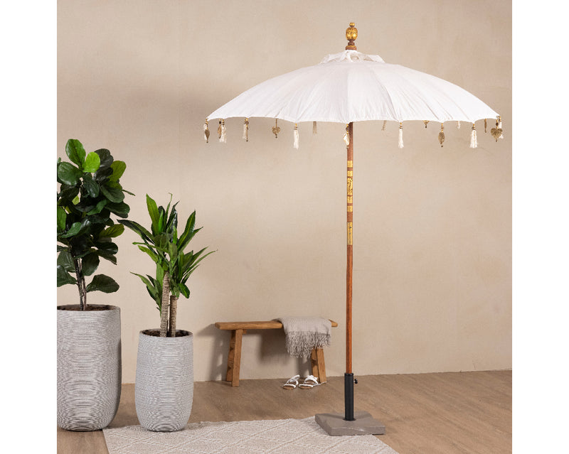 Mahogany Parasol - White Cotton Fabric with Tassels