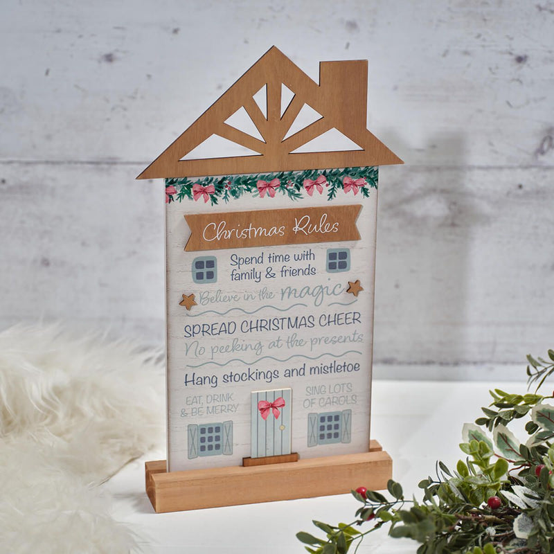 Christmas Rules House-Shaped Wooden Plaque