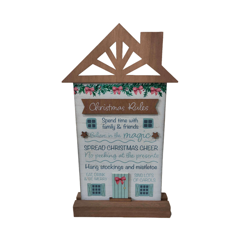 Christmas Rules House-Shaped Wooden Plaque