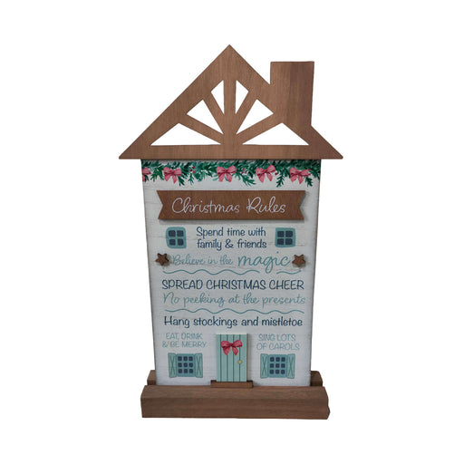 Christmas Rules House-Shaped Wooden Plaque