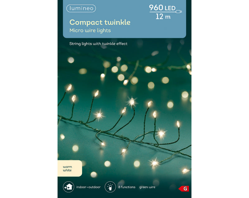 960 Lumineo Micro LED Compact Twinkle Lights Warm White With Green Cable 12m