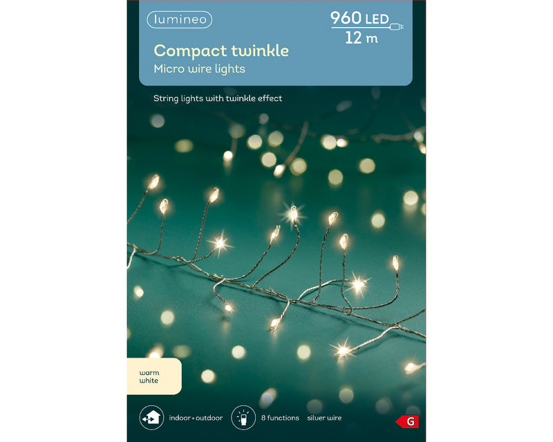 Lumineo Compact Twinkle 960 Micro Wire Warm White Christmas Lights With Silver Cable 12m