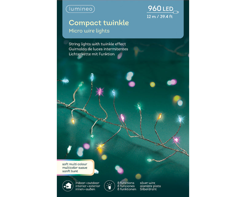 960 Lumineo Micro LED Compact Twinkle Lights Multicoloured  With Silver Cable 12m