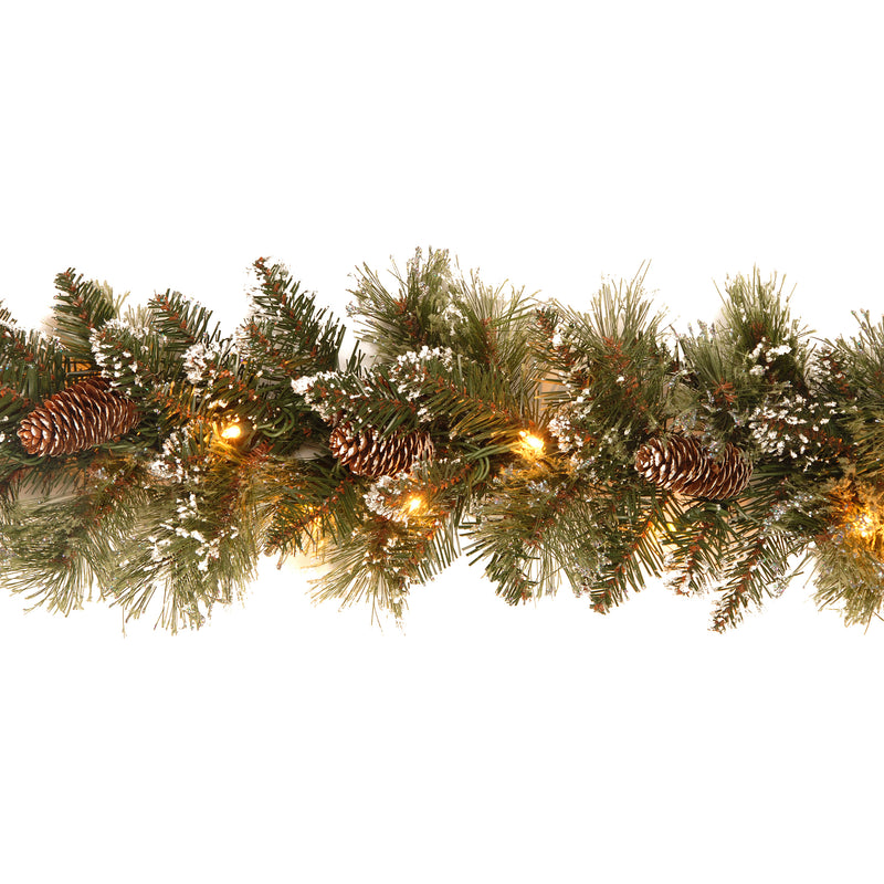 9 Foot Glittery Bristle Pine Garland Pre-Lit With 50 Warm White Lights Battery Operated